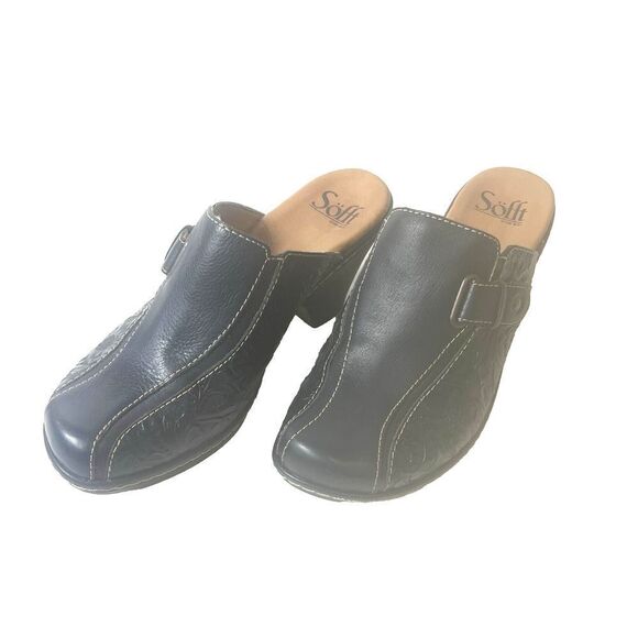 Sofft Womens 7.5 M Navy Blue Textured Floral Leather Slip On Comfort Casual Mule - Picture 3 of 11